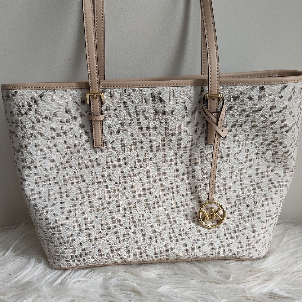Michael Kors Cream Signature Tote with Leather Trim - Picture 11 of 12